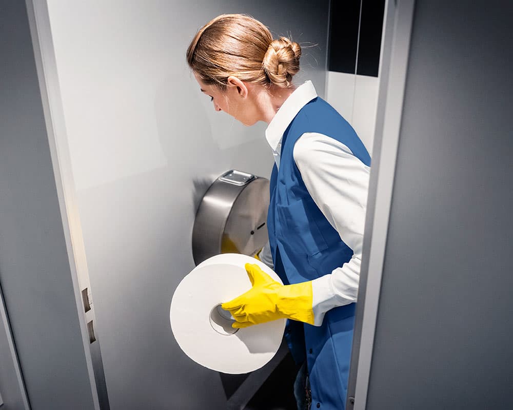 Unterhaltsreinigung in Hamburg: Reinigungskraft wechselt Jumbo-Toilettenpapier in einem Sanitärbereich